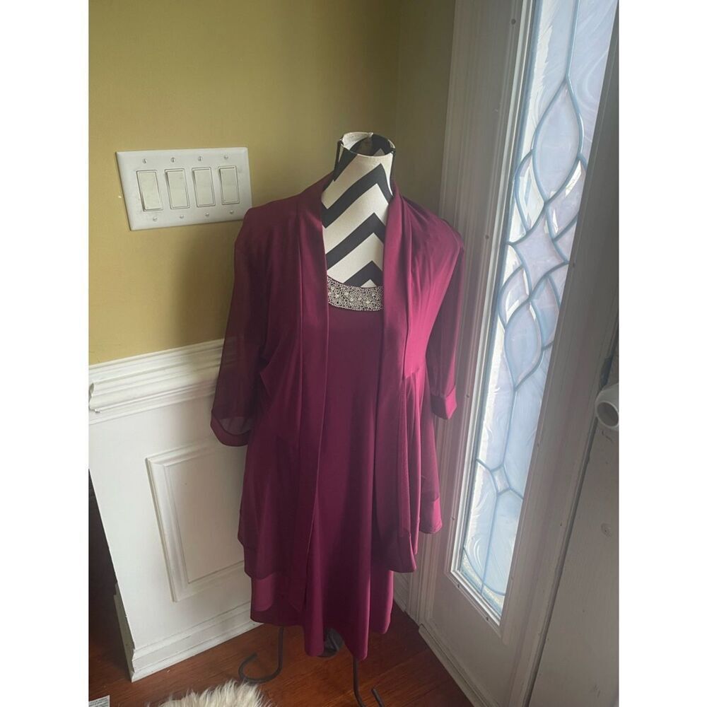 R&M Collection Burgundy Layered Dress Sheer Overlay SZ10 jeweled collar accents